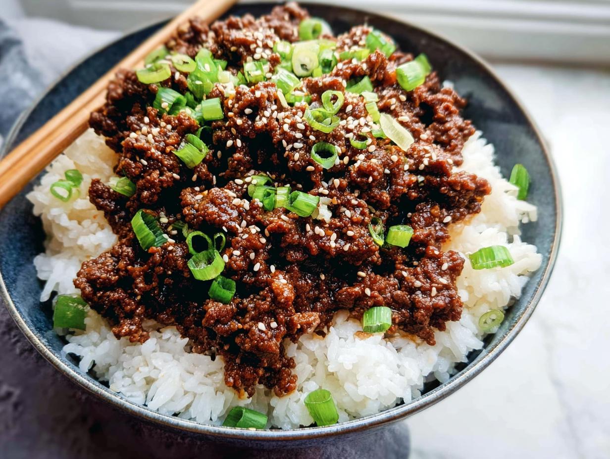 A close-up of a Korean Ground Beef Bowl, featuring savory ground beef over fluffy white rice, topped with sesame seeds and green onions.