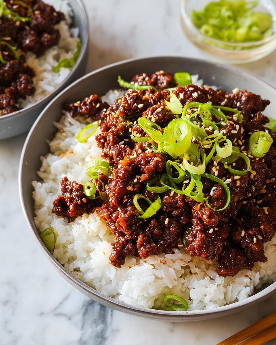 A close-up of a Korean Ground Beef Bowl, featuring savory ground beef over fluffy white rice, garnished with green onions and sesame seeds.
