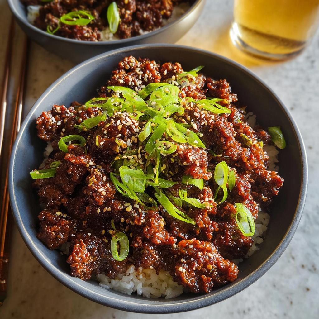 A close-up of a Korean Ground Beef Bowl served over white rice, topped with fresh scallions and sesame seeds.
