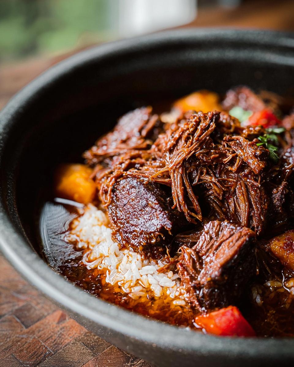 Close-up of shredded Korean Style Pot Roast served over white rice in a dark bowl.