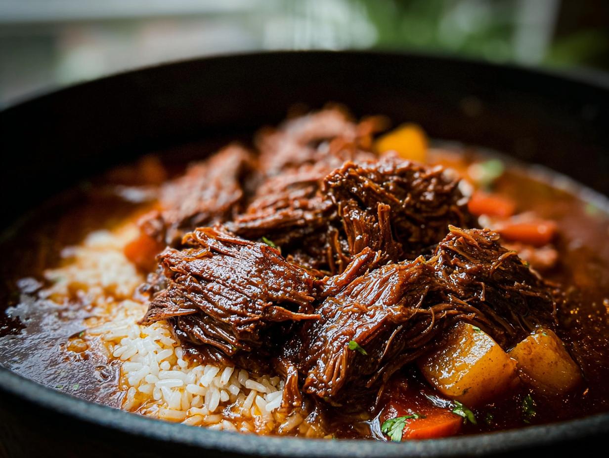 Close-up of shredded Korean Style Pot Roast served over white rice with carrots and potatoes in a rich sauce.