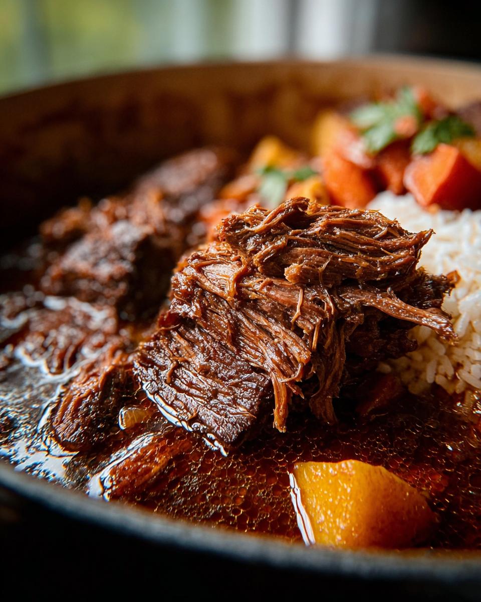 Close-up of shredded Korean Style Pot Roast served with fluffy white rice and chunks of carrots.