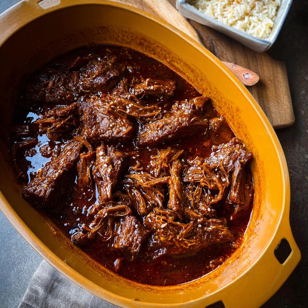 Close-up of tender Korean Style Pot Roast with shredded beef in a rich, dark sauce, garnished with sesame seeds.
