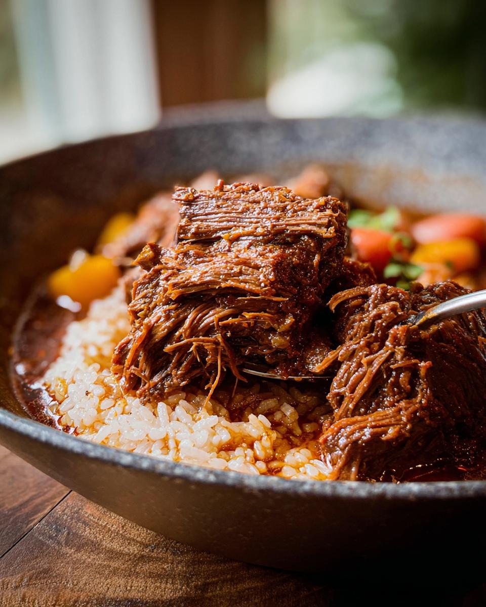 Close-up of fork pulling apart tender Korean Style Pot Roast served over fluffy white rice.