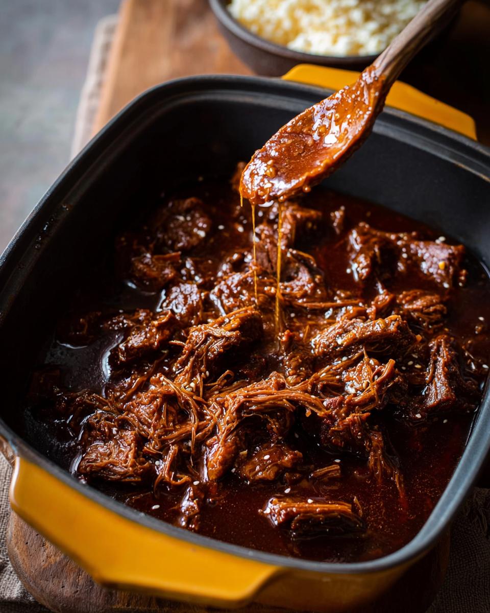 A wooden spoon lifts succulent, shredded Korean Style Pot Roast from a rich, glossy sauce in a yellow pot.