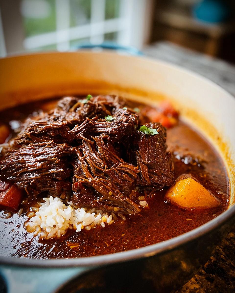 Close-up of a rich, dark Korean Style Pot Roast served with fluffy white rice and chunks of vegetables in a pot.
