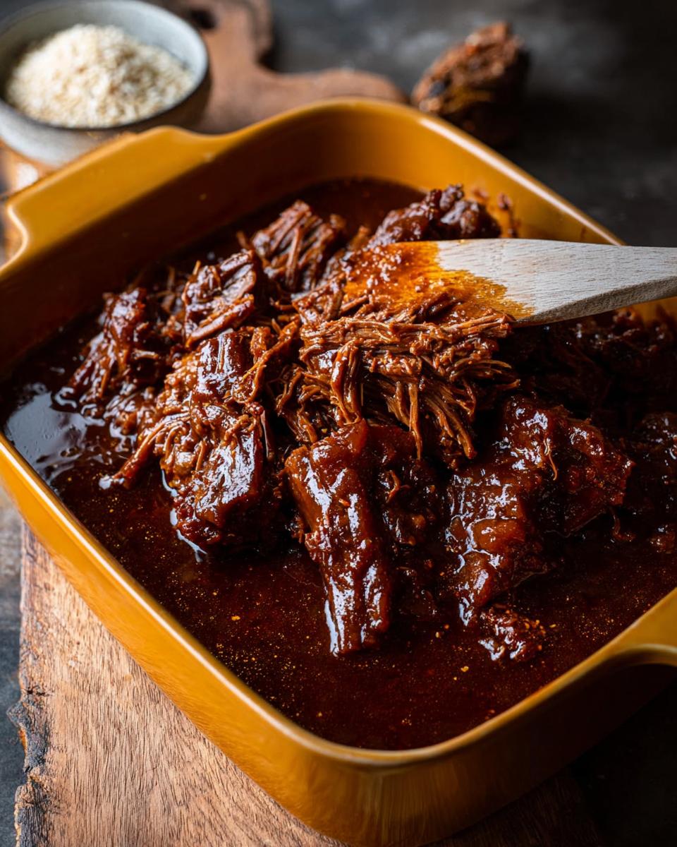 Close-up of tender Korean Style Pot Roast shredded and coated in a rich, dark sauce in an orange dish.
