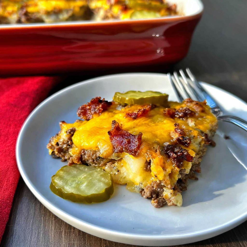 A mouthwatering slice of Low-Carb Bacon Cheeseburger Casserole topped with melted cheese, bacon, and pickles.