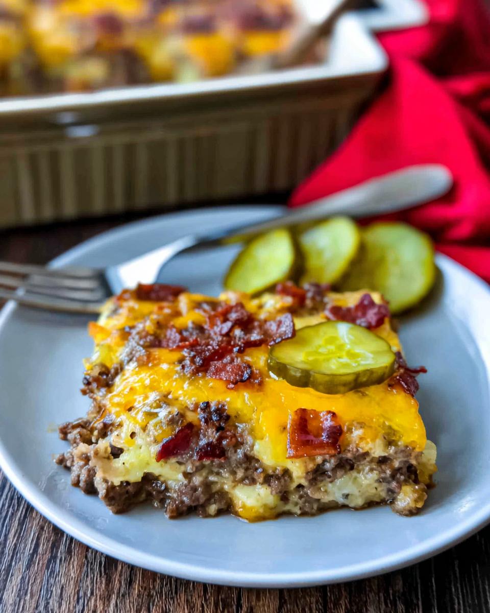 A slice of Low-Carb Bacon Cheeseburger Casserole on a plate, topped with melted cheese, bacon, and a pickle slice.