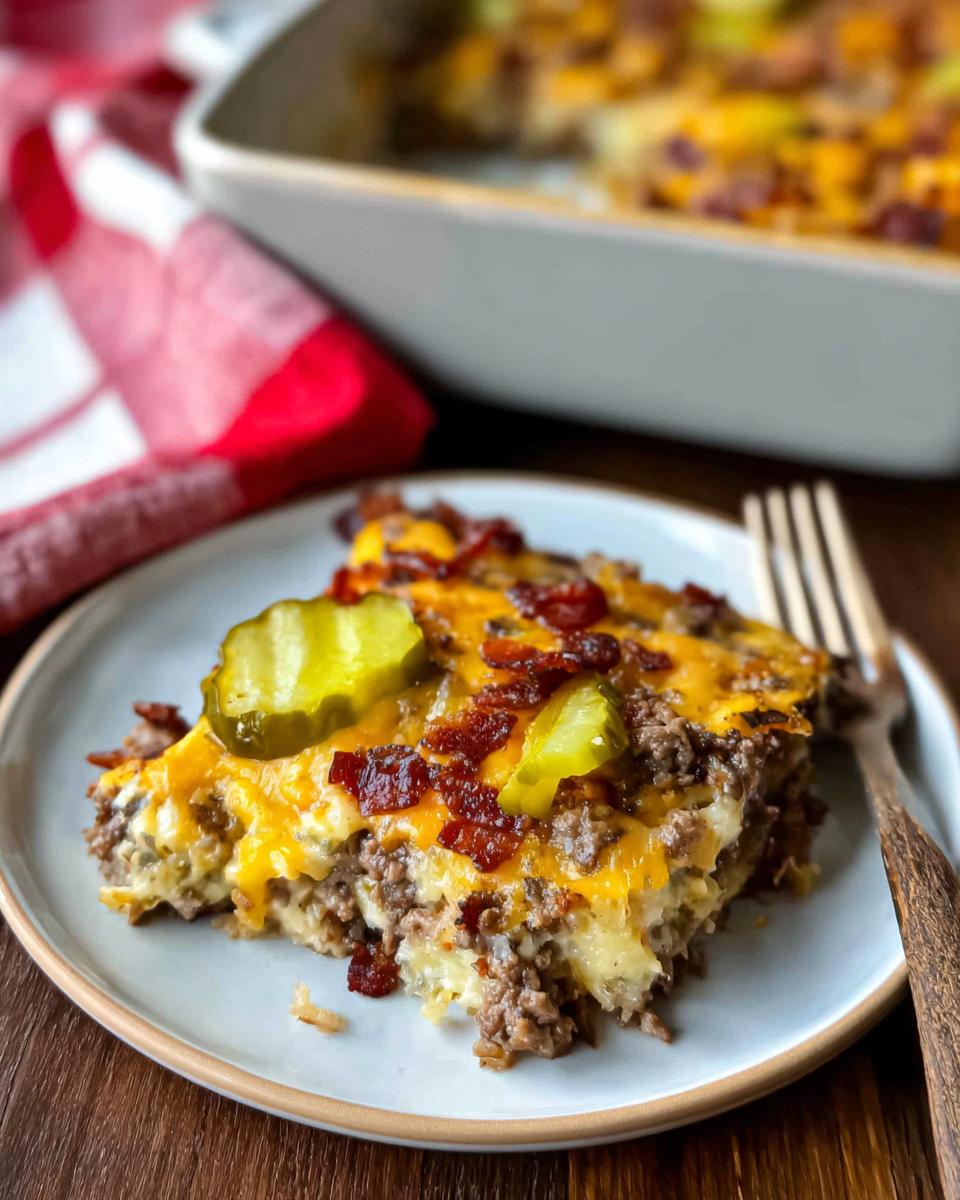 A slice of Low-Carb Bacon Cheeseburger Casserole topped with pickles and bacon on a plate.