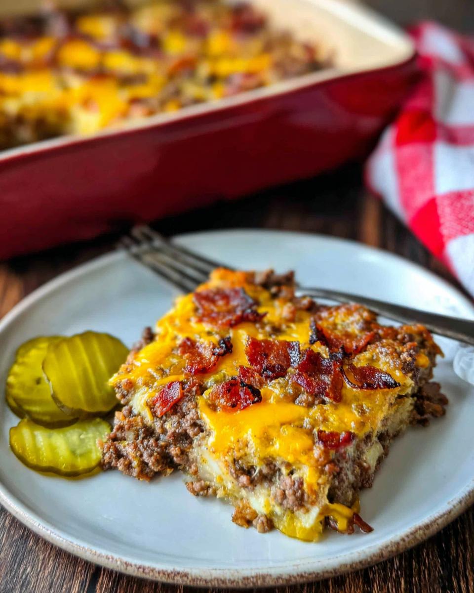 A slice of Low-Carb Bacon Cheeseburger Casserole topped with melted cheese and crispy bacon, served with pickles.