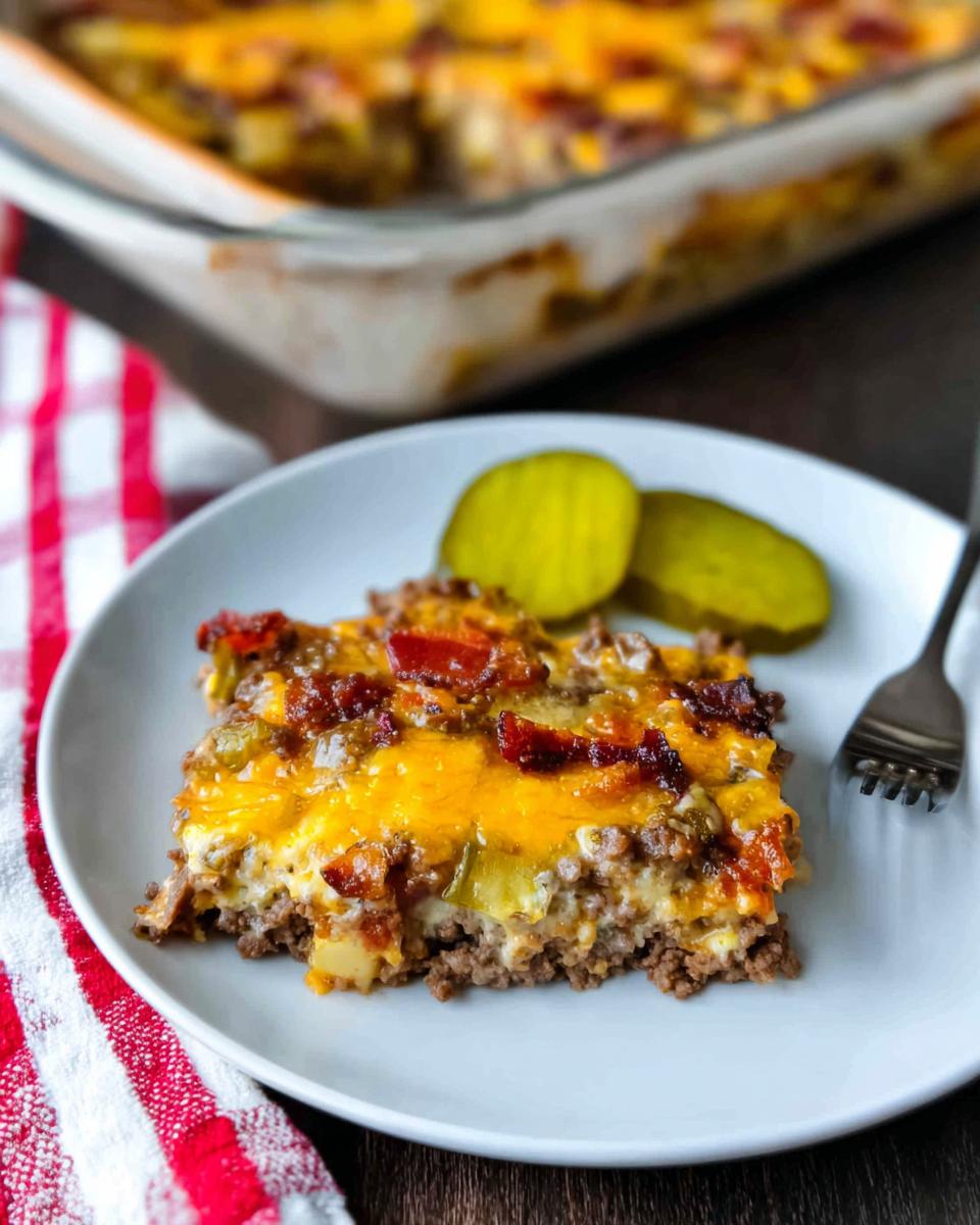 A delicious slice of Low-Carb Bacon Cheeseburger Casserole topped with melted cheese and bacon, served with pickles.