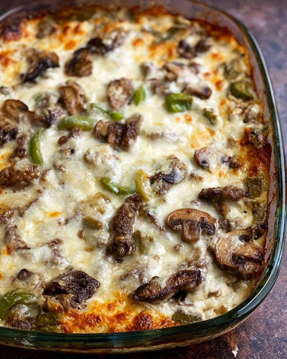 Close-up of a bubbling Low Carb Philly Cheesesteak Casserole with melted cheese, steak, mushrooms, and green peppers.