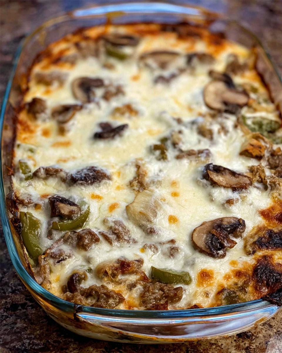 Close-up of a bubbling Low Carb Philly Cheesesteak Casserole in a glass baking dish, topped with melted cheese, mushrooms, and green peppers.