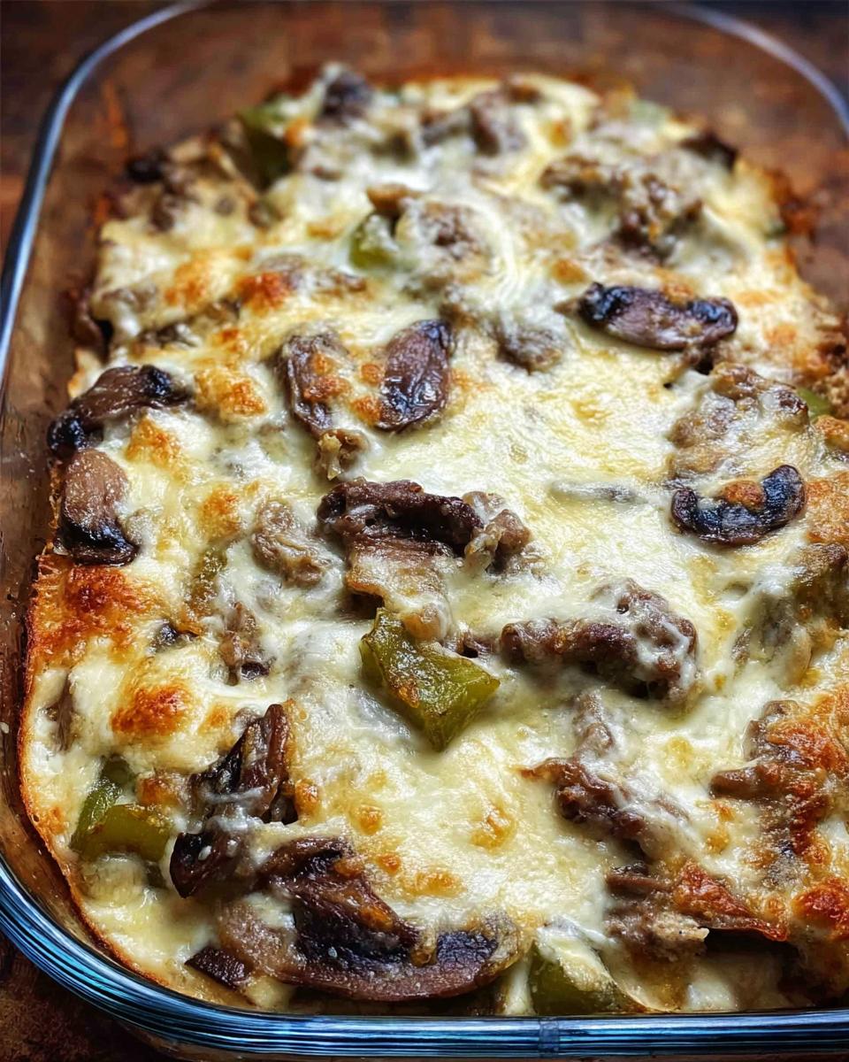 Close-up of a bubbling Low Carb Philly Cheesesteak Casserole in a glass baking dish, topped with melted cheese, steak, mushrooms, and green peppers.