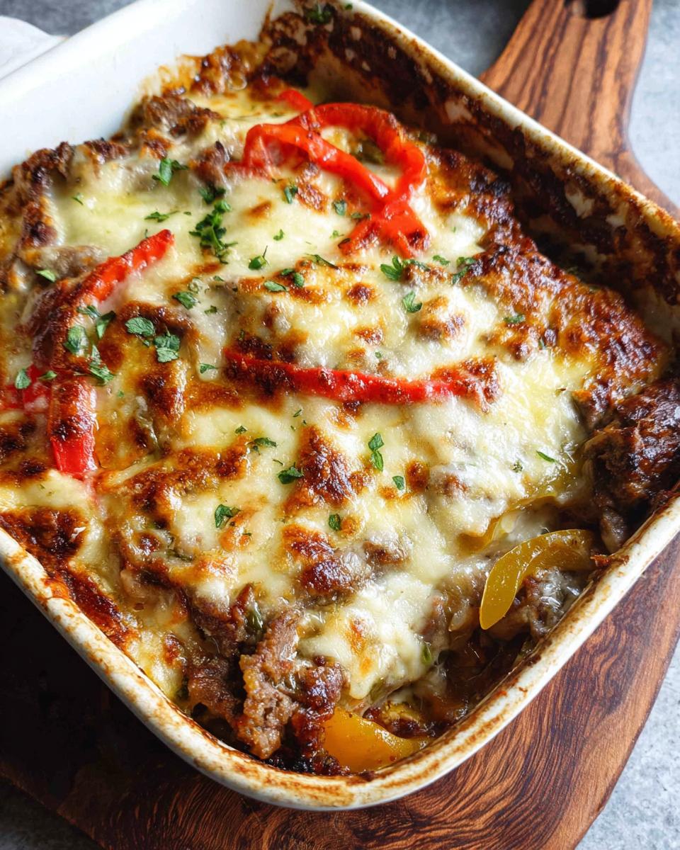 A close-up of a bubbly Low Carb Philly Cheesesteak Casserole topped with melted cheese, red peppers, and parsley.