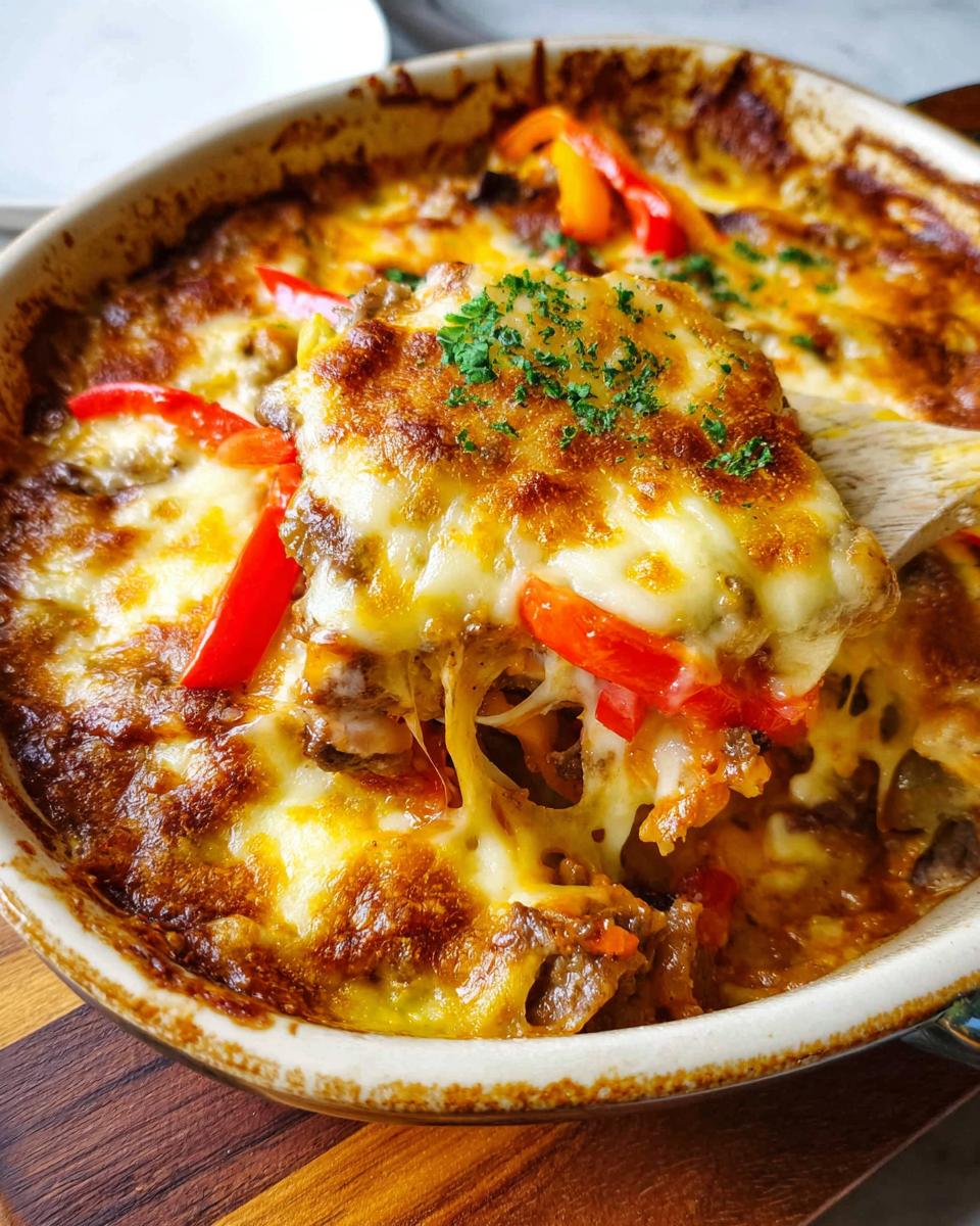 A spoonful lifts a cheesy portion of Low Carb Philly Cheesesteak Casserole, showing melted cheese, peppers, and meat.