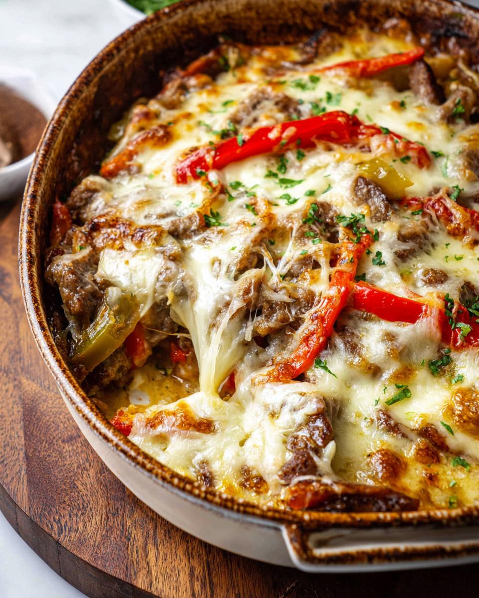 A close-up of a bubbling Low Carb Philly Cheesesteak Casserole with melted cheese, steak, and peppers.