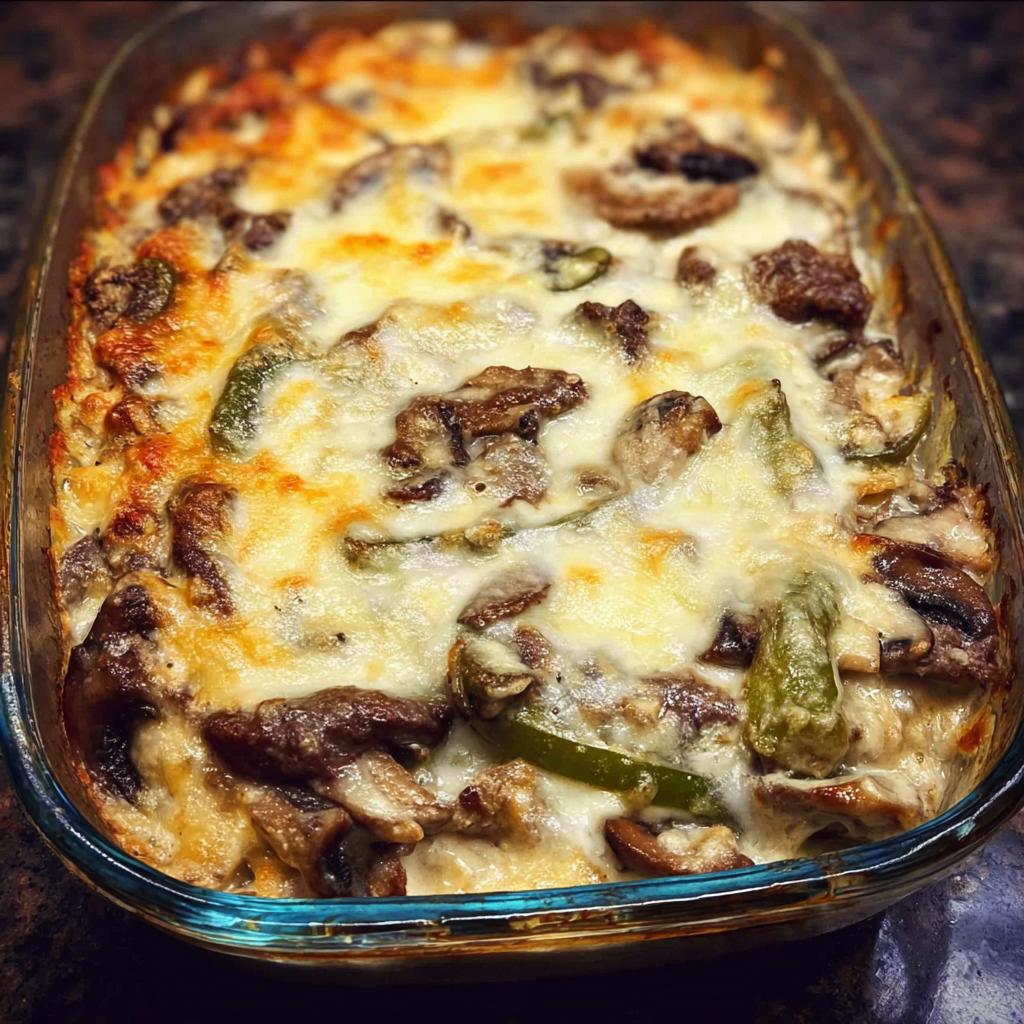 A close-up of a bubbling Low Carb Philly Cheesesteak Casserole topped with melted cheese, mushrooms, and green peppers.