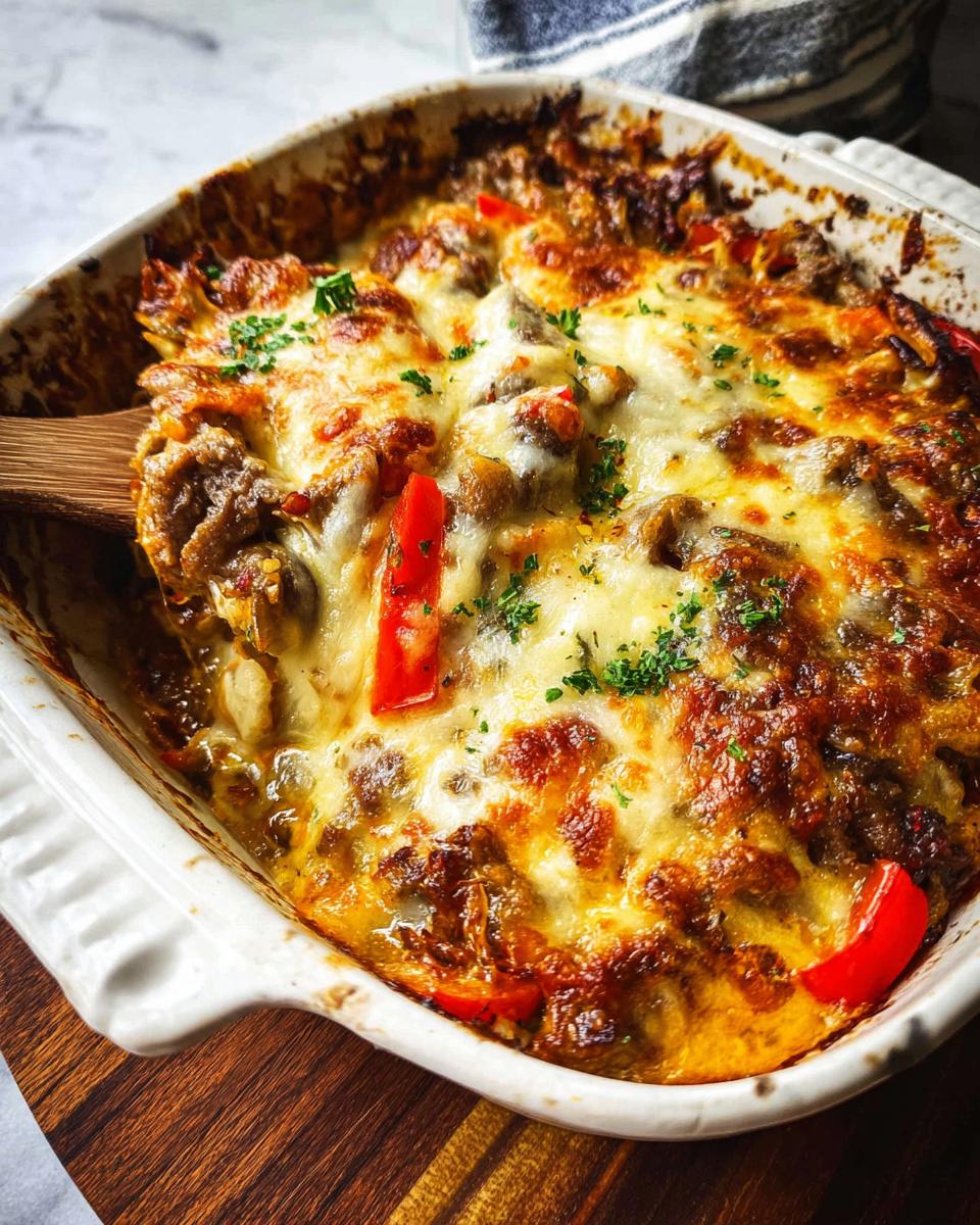 Close-up of a bubbling Low Carb Philly Cheesesteak Casserole with melted cheese and red peppers.