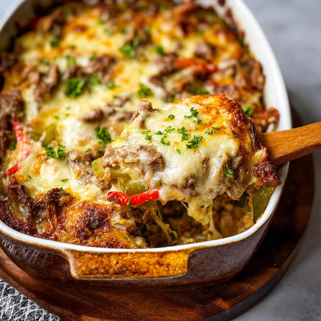 A scoop of Low Carb Philly Cheesesteak Casserole being lifted from a baking dish, showing melted cheese, ground beef, and peppers.