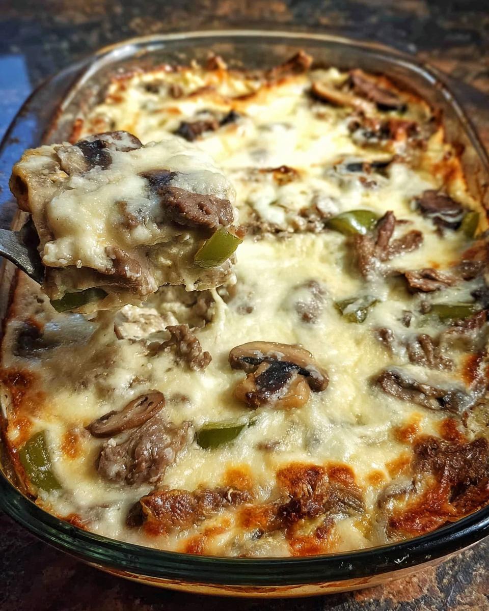A serving spoon lifts a portion of cheesy Low Carb Philly Cheesesteak Casserole, revealing steak, mushrooms, and green peppers.