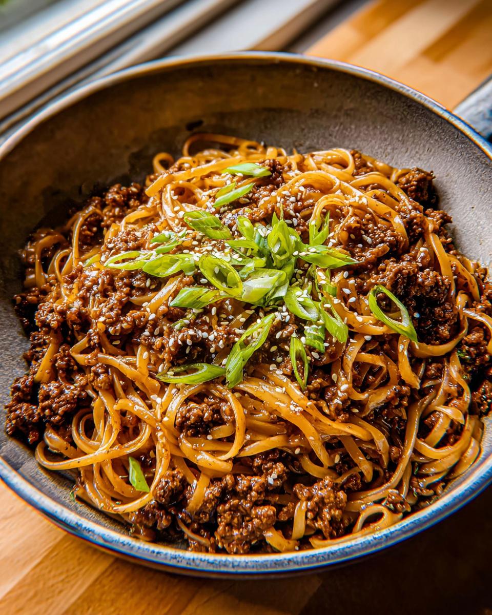A bowl of Mongolian Ground Beef Noodles topped with sesame seeds and green onions.