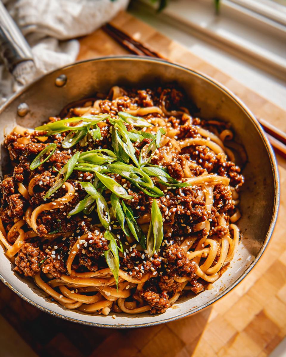 A close-up of a bowl filled with Mongolian Ground Beef Noodles, garnished with green onions and sesame seeds.