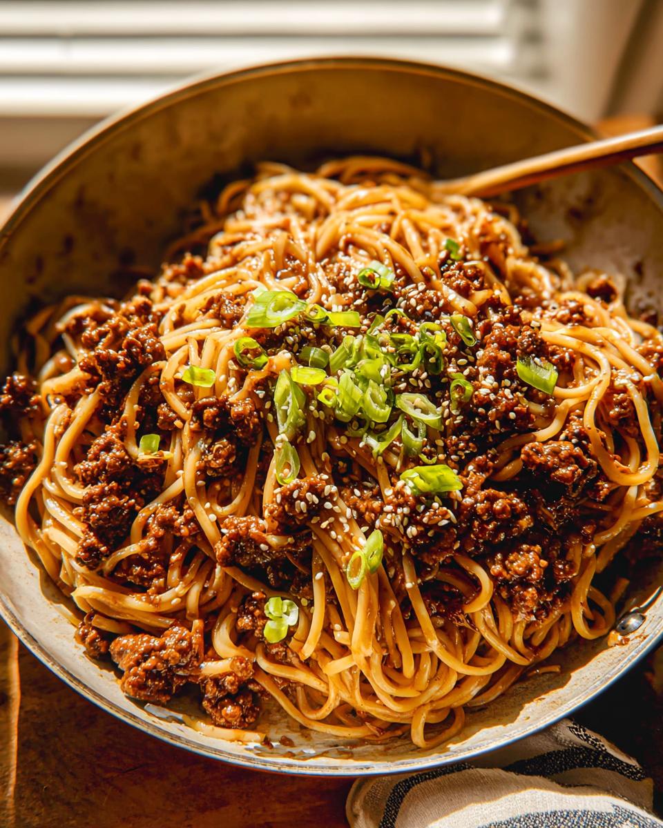 A close-up of a bowl filled with Mongolian Ground Beef Noodles, garnished with sesame seeds and green onions.