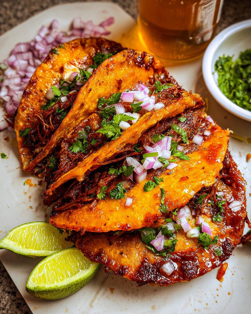Close-up of My Fave Birria Tacos, topped with diced red onion and fresh cilantro, served with lime wedges.