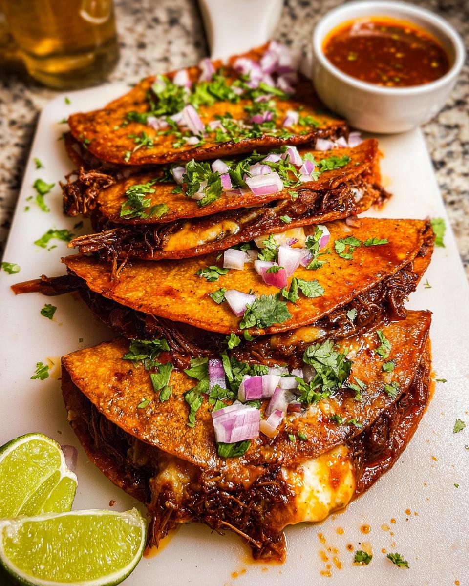 A close-up of several My Fave Birria Tacos, topped with red onion and cilantro, served with a side of consommé and lime wedges.