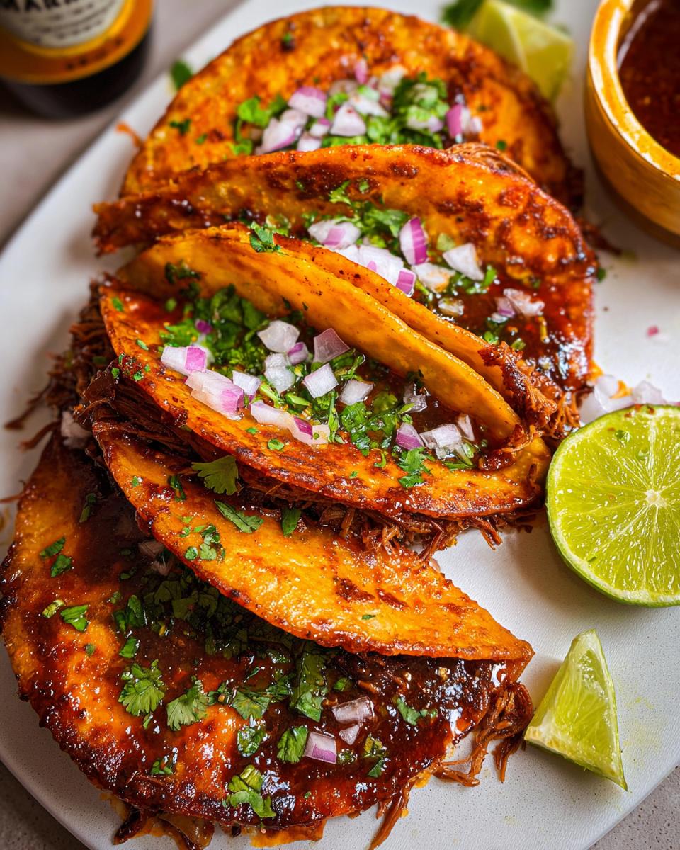 A plate of delicious My Fave Birria Tacos, topped with chopped red onion and cilantro, served with lime wedges.