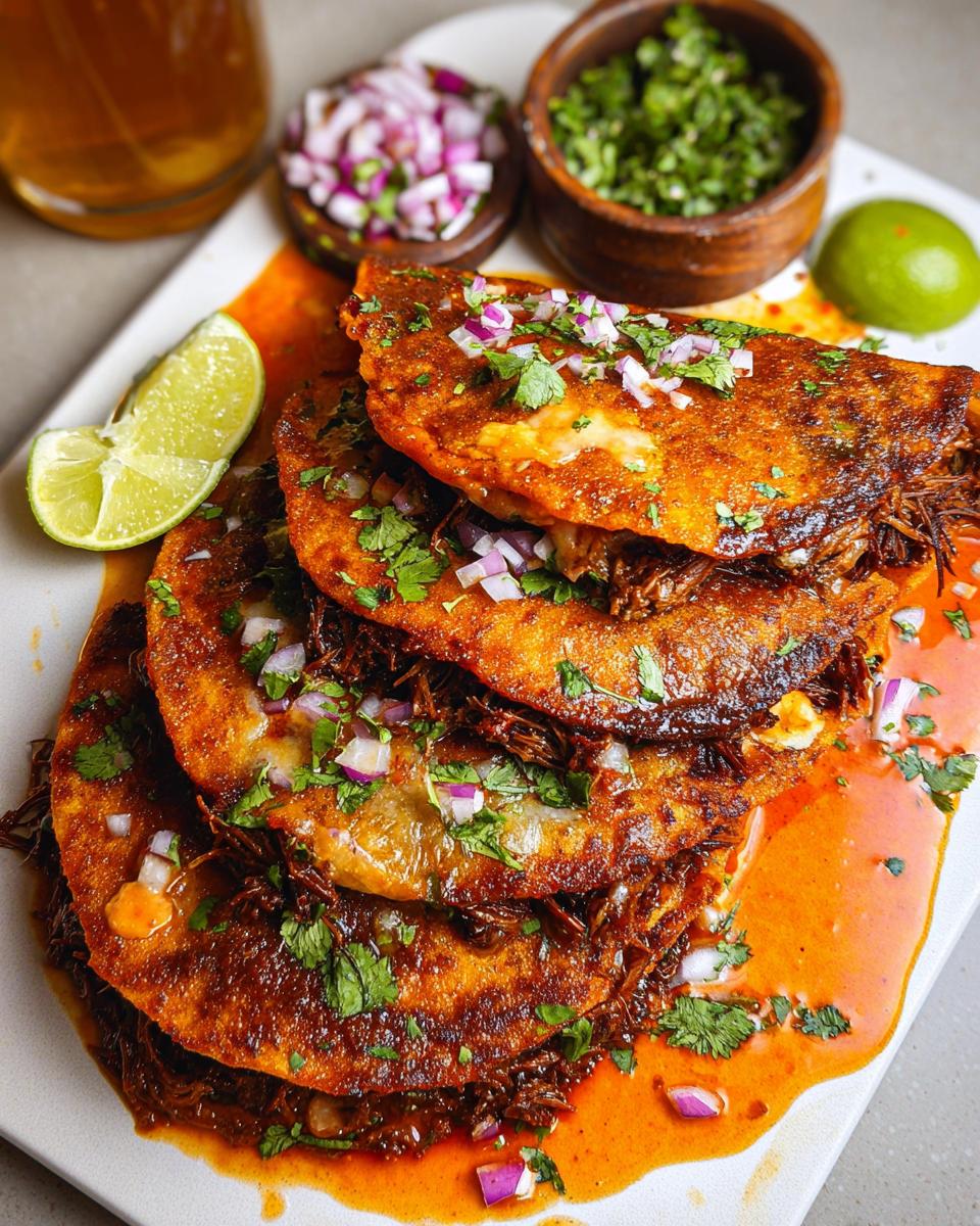 A stack of My Fave Birria Tacos, generously filled with shredded meat and topped with onions and cilantro, served with a side of consommé.