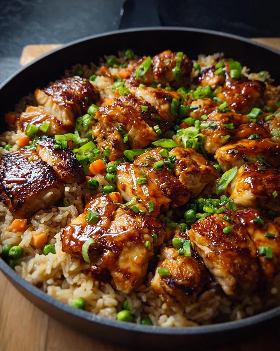 A close-up view of a one-pan honey BBQ chicken rice dish, featuring glazed chicken pieces over fluffy rice with peas and carrots.