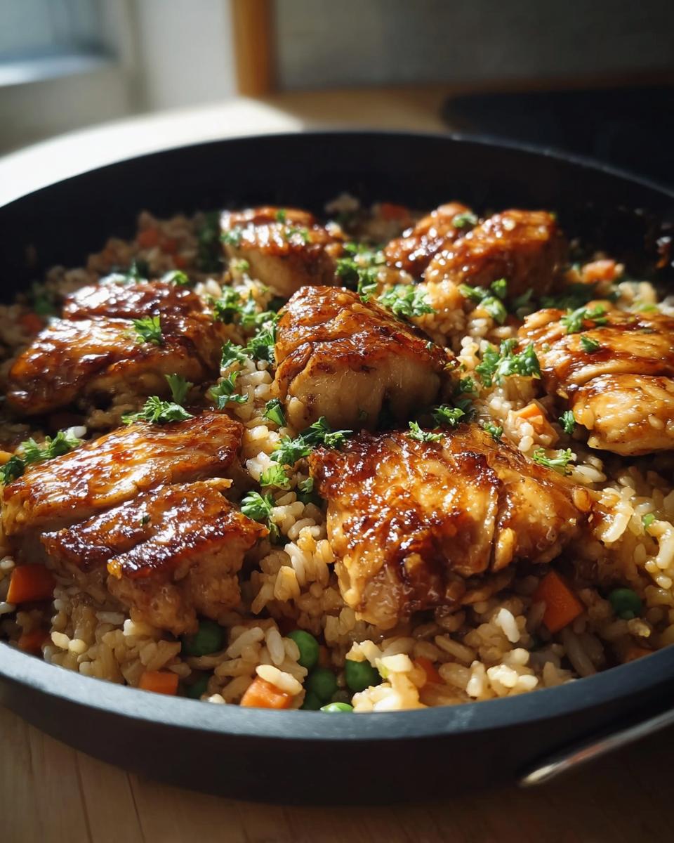 A close-up of a one-pan honey BBQ chicken rice dish with peas and carrots, garnished with parsley.