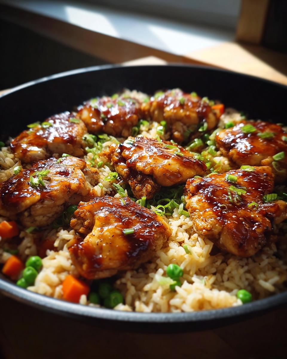 A close-up of a one-pan honey BBQ chicken rice dish, featuring glazed chicken pieces over fluffy rice with peas and carrots.
