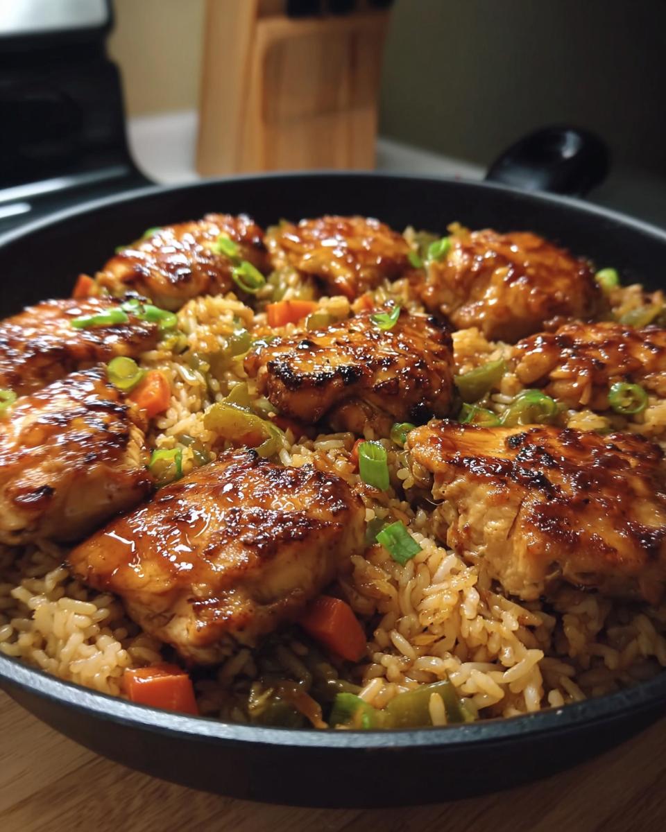 Close-up of a one-pan honey BBQ chicken rice dish in a black skillet, featuring glazed chicken pieces and mixed vegetables.