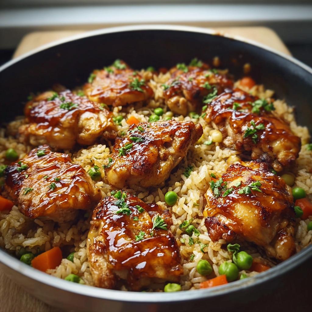 Close-up of a one-pan honey BBQ chicken rice dish with tender chicken thighs and mixed vegetables.