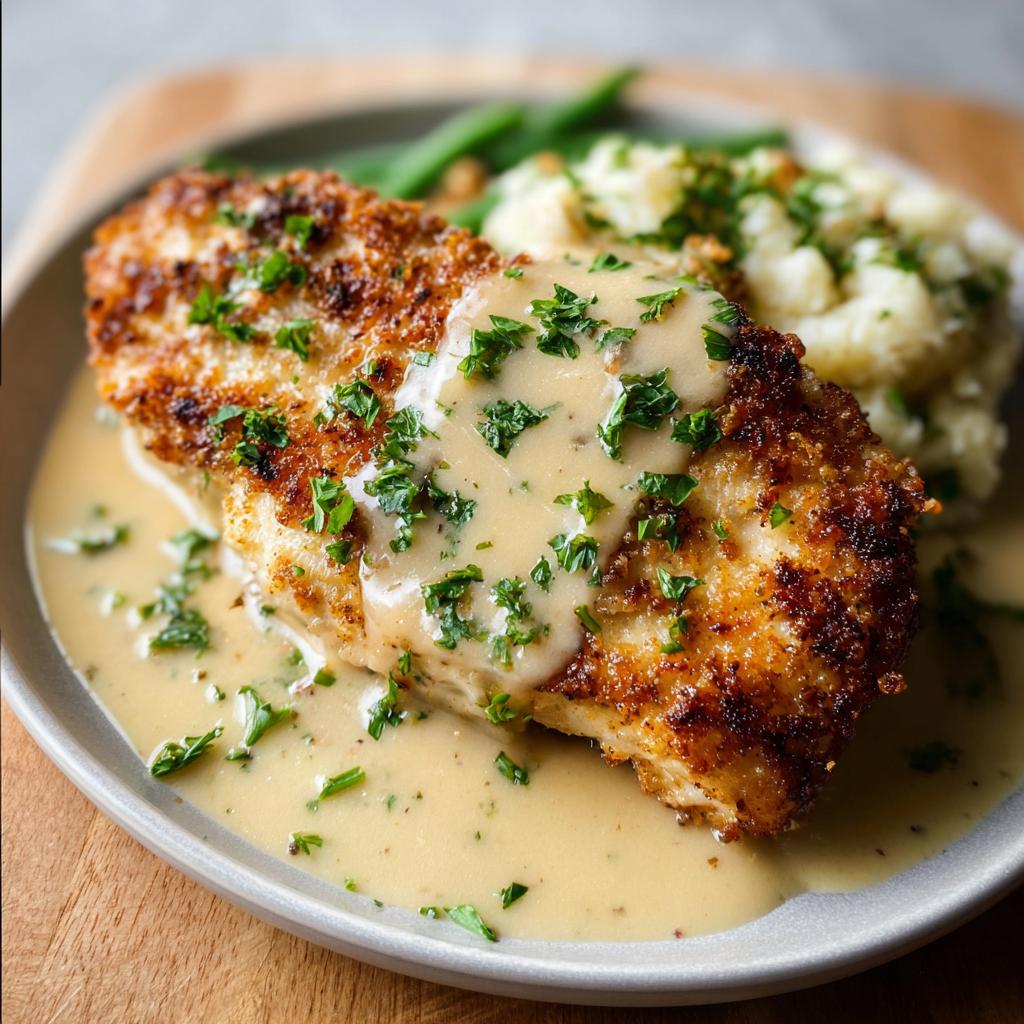 A delicious plate of Parmesan Crusted Chicken with Creamy Garlic Sauce, served with mashed potatoes and green beans.