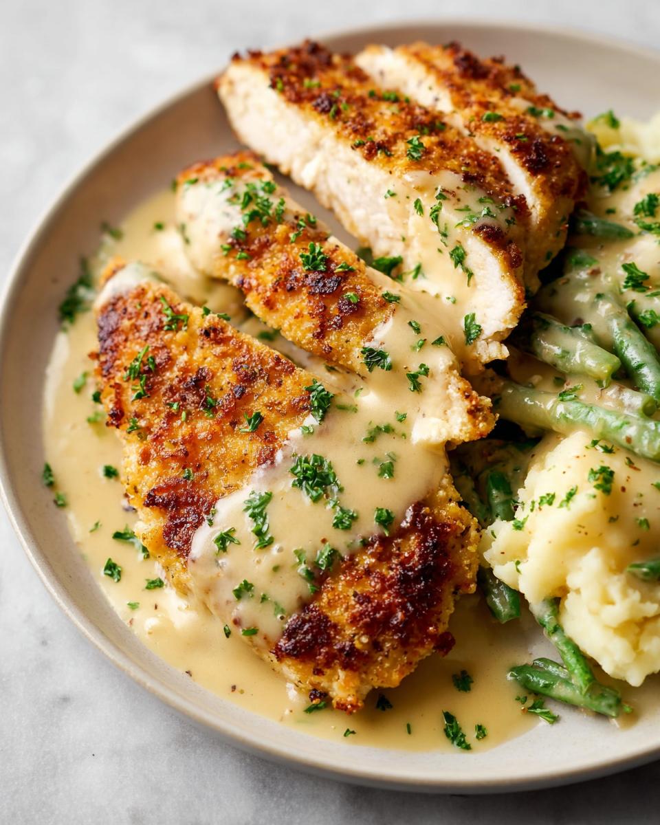 Delicious Parmesan Crusted Chicken served with creamy garlic sauce, mashed potatoes, and green beans.