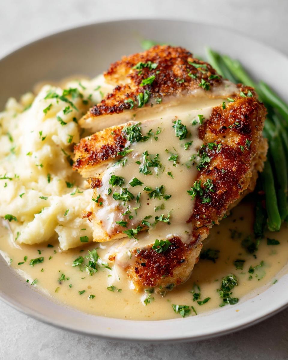 A serving of Parmesan Crusted Chicken with Creamy Garlic Sauce, mashed potatoes, and green beans.