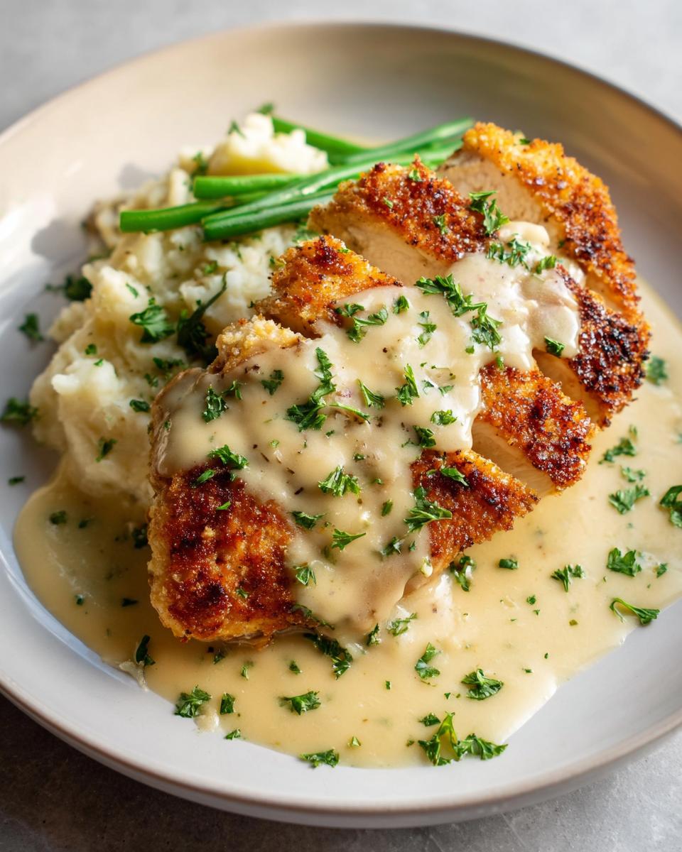 A close-up of sliced Parmesan Crusted Chicken with Creamy Garlic Sauce, served with mashed potatoes and green beans.