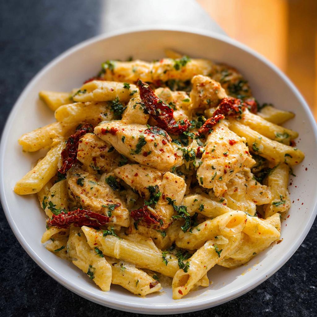 A close-up of creamy Parmesan Marry Me Chicken Pasta with sun-dried tomatoes and parsley.