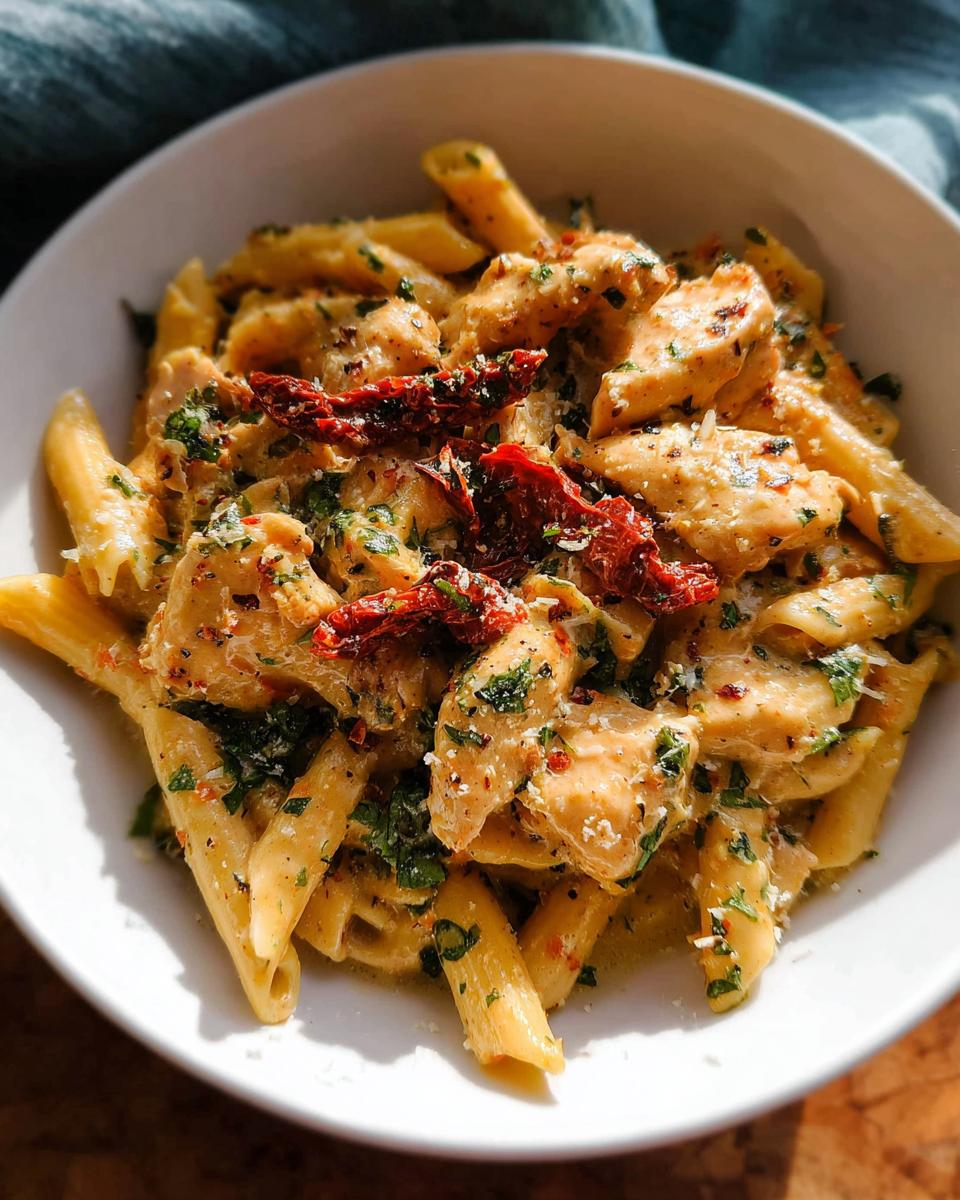 A bowl of creamy Parmesan Marry Me Chicken Pasta with penne, chicken pieces, sun-dried tomatoes, and fresh herbs.