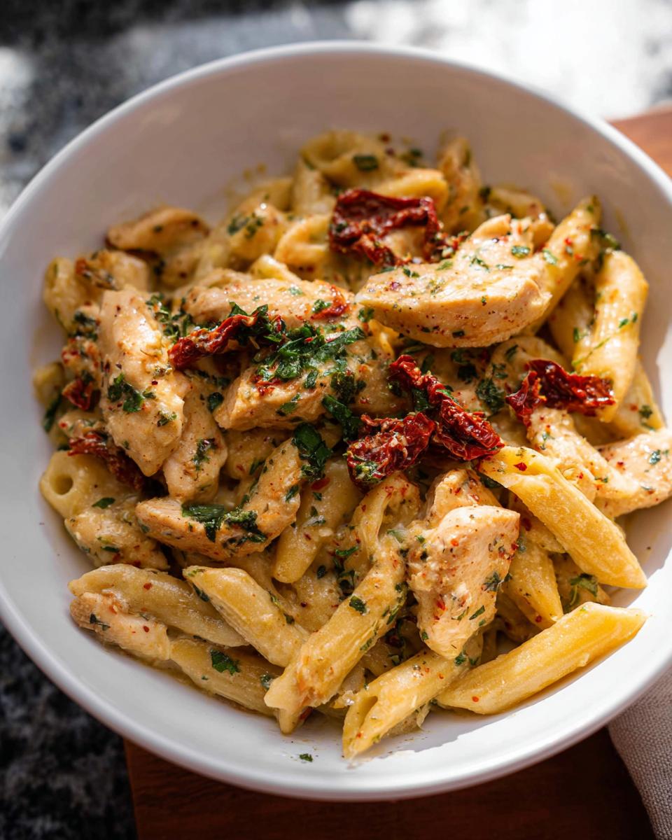 A close-up of creamy Parmesan Marry Me Chicken Pasta with penne, chicken pieces, and sun-dried tomatoes.