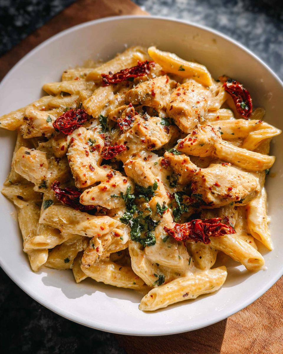 A close-up of creamy Parmesan Marry Me Chicken Pasta with penne, chicken pieces, and sun-dried tomatoes.