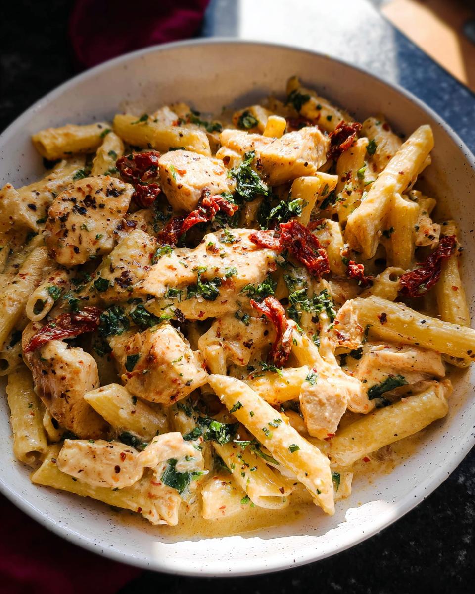 A close-up of creamy Parmesan Marry Me Chicken Pasta with penne, chicken pieces, sun-dried tomatoes, and herbs.