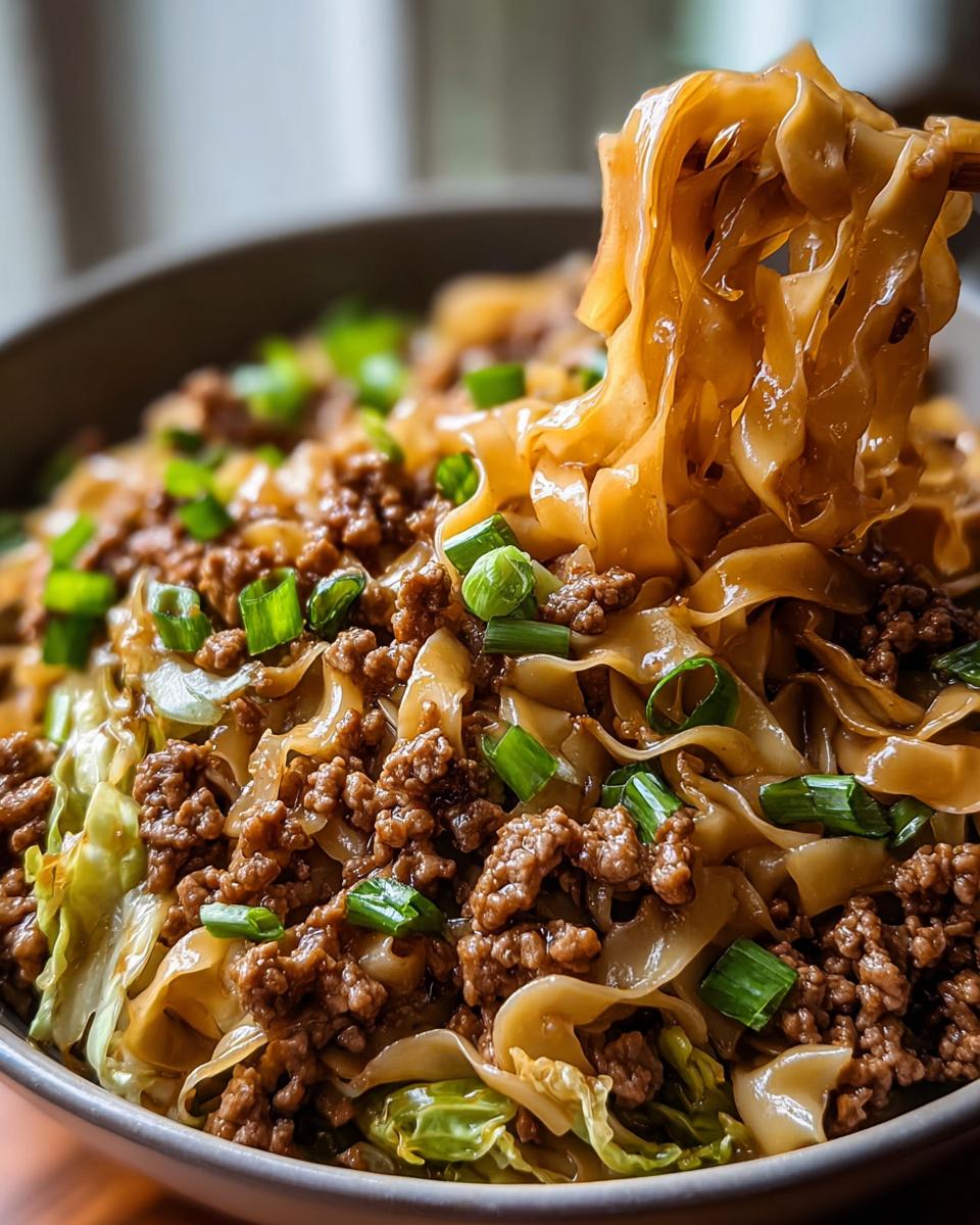A close-up of a delicious Potsticker Noodle Bowl with savory ground pork and fresh cabbage slaw, topped with green onions.