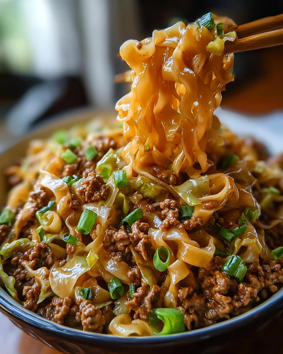 Close-up of a bowl of Potsticker Noodle Bowl with pork and cabbage slaw, with noodles being lifted by chopsticks.