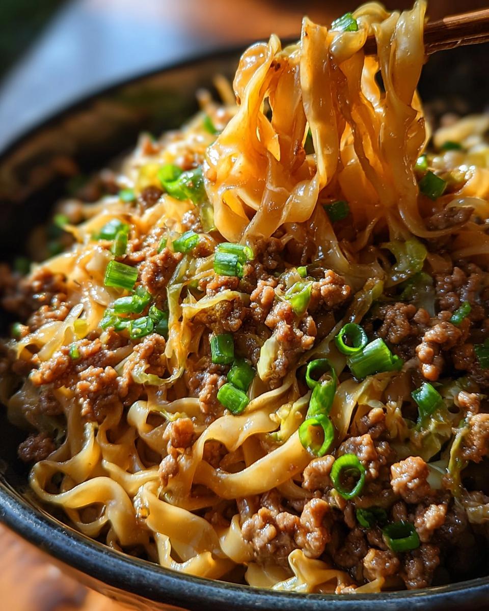 Close-up of a steaming Potsticker Noodle Bowl with savory pork and fresh cabbage slaw, topped with green onions.